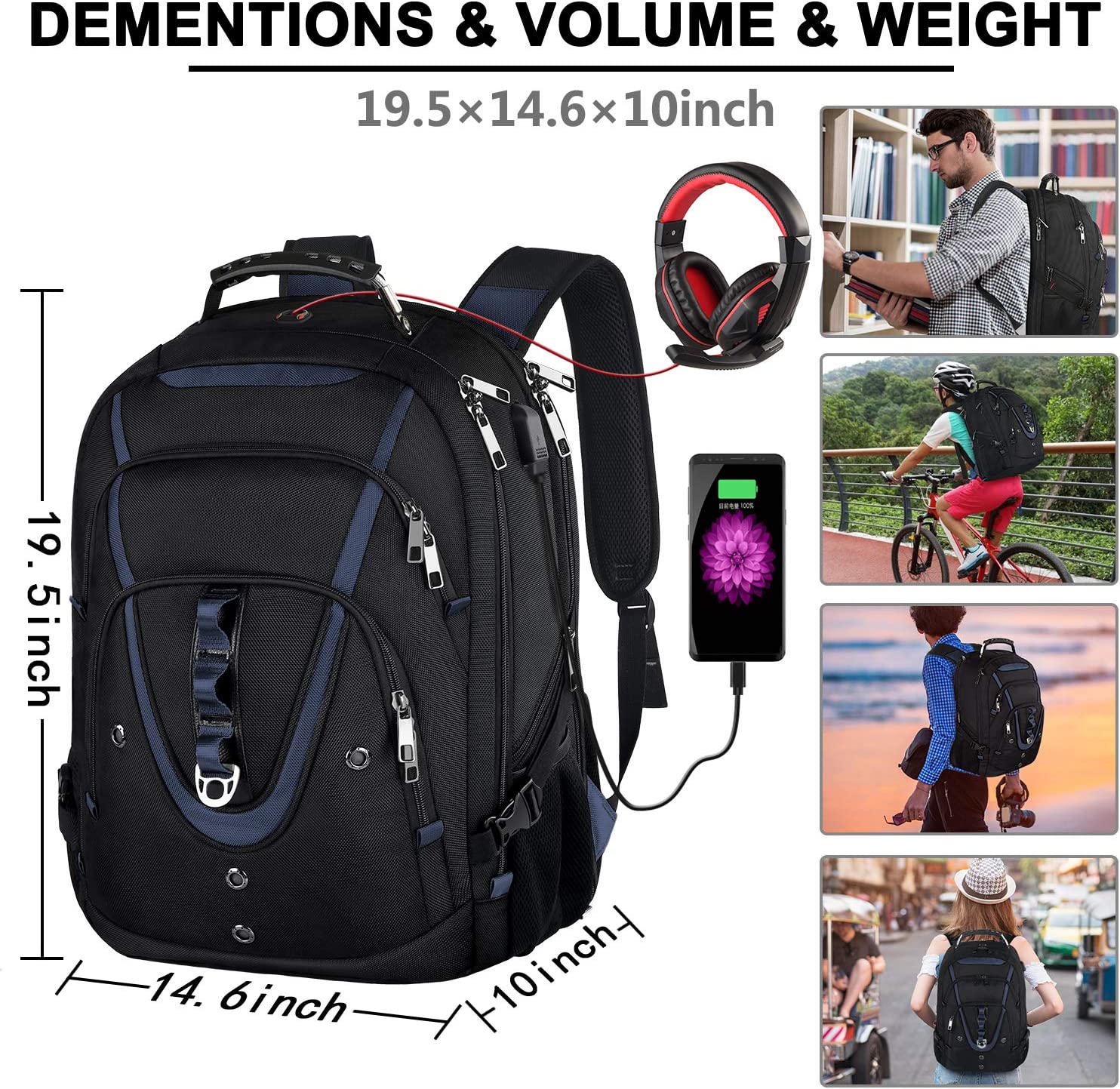 18.4 Laptop Backpack for Men, 55L Extra Large Gaming Laptops Backpack with USB Charger Port, TSA Friendly Flight Approved RFID Anti-theft Pocket, Water Resistant Suiltable for Travel Business Work - Image 7